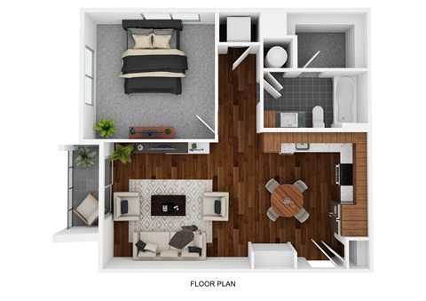 Floor plan for 1 bed, 1 bath, 722 sqft
