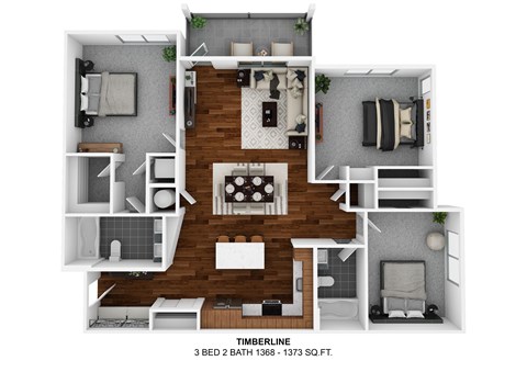 Floor plan for 3 beds, 2 baths, 1373 sqft