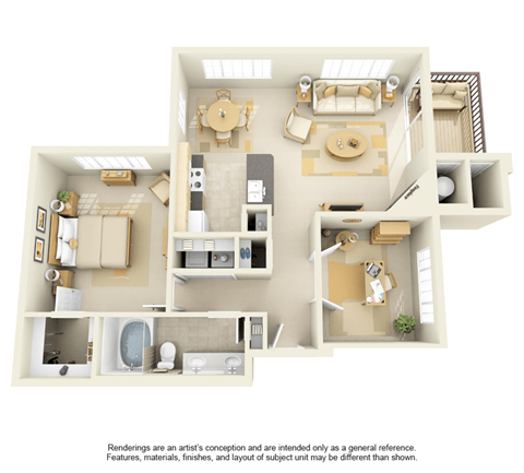 Floor plan for 1 bed, 1 bath, 916 sqft