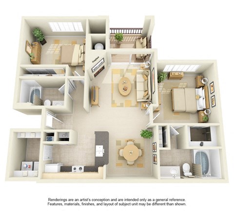 Floor plan for 2 beds, 2 baths, 1033 sqft