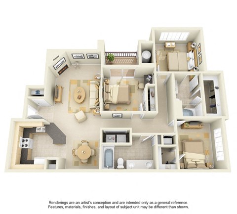 Floor plan for 3 beds, 2 baths, 1235 sqft