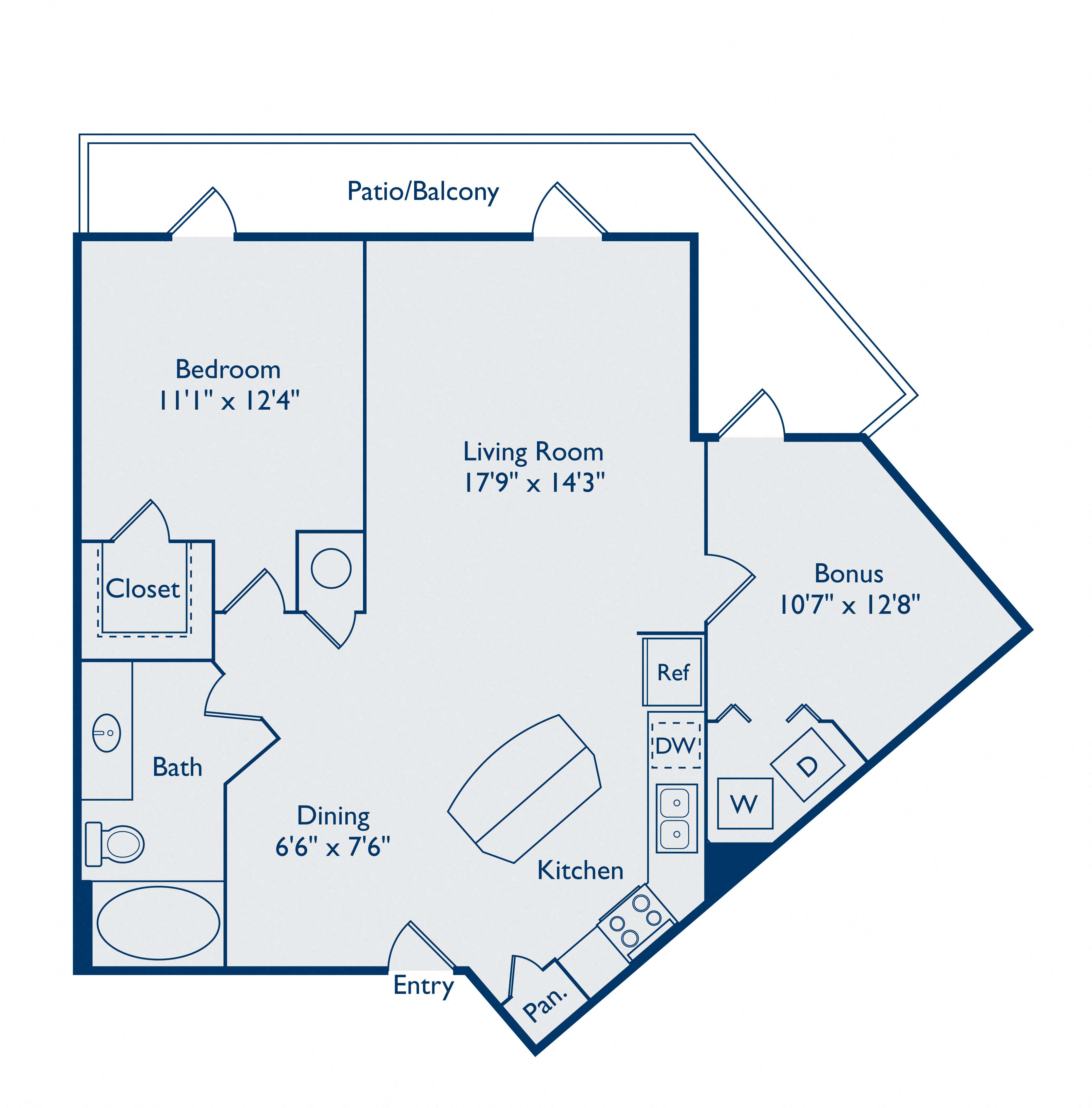 Floor plan for 1 bed, 1 bath, 819 sqft