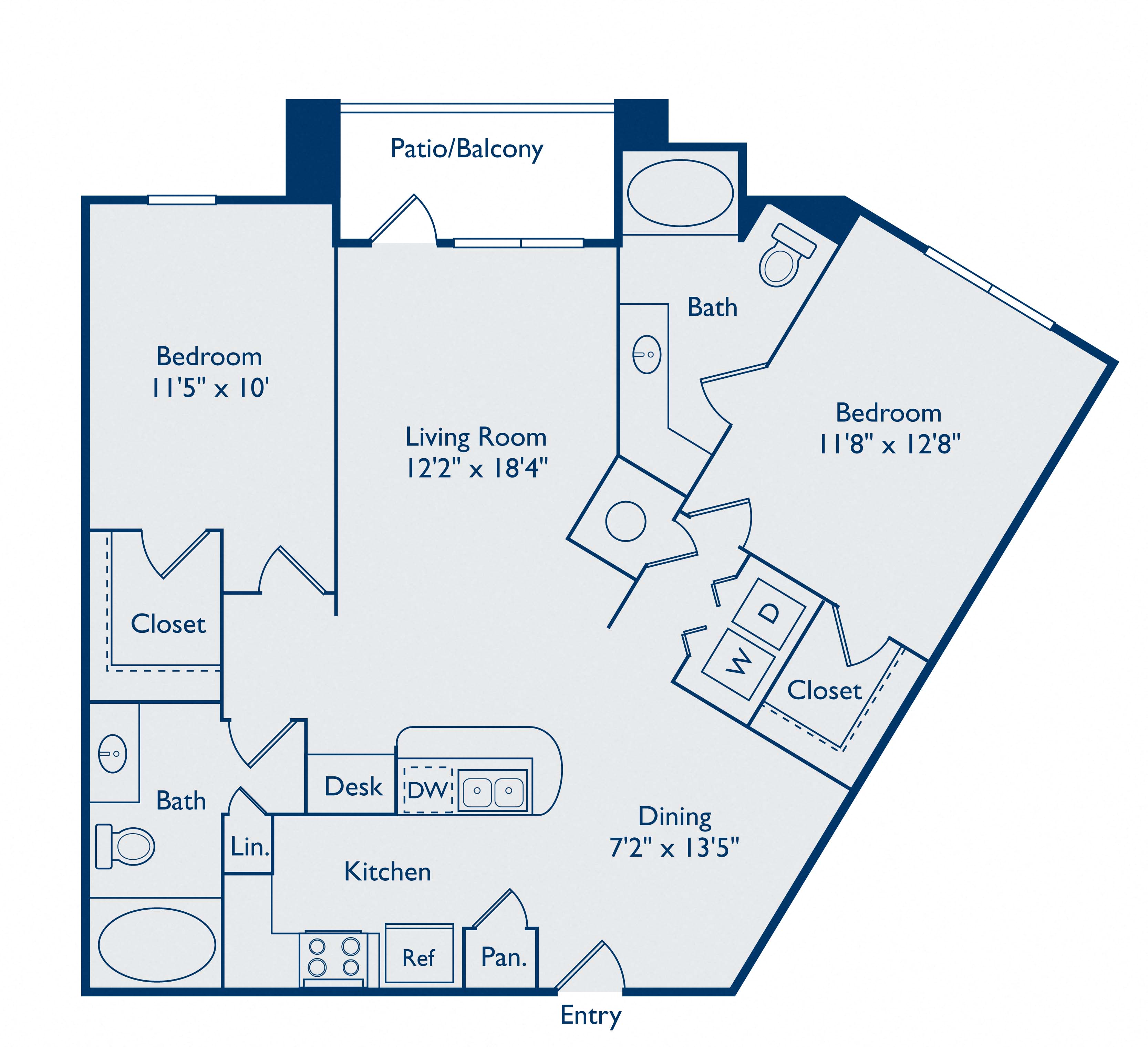 Floor plan for 2 beds, 2 baths, 1022 sqft
