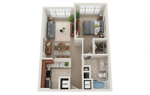 Floor plan for 1 bed, 1 bath, 603 sqft