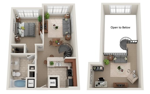Floor plan for 1 bed, 1 bath, 713 sqft