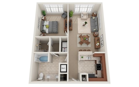 Floor plan for 1 bed, 1 bath, 763 sqft