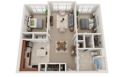 Floor plan for 2 beds, 1 bath, 1051 sqft