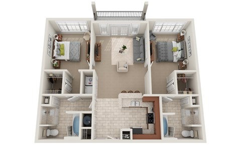 Floor plan for 2 beds, 2 baths, 1032 sqft