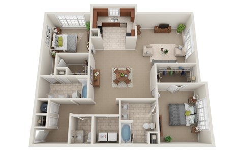 Floor plan for 2 beds, 2.5 baths, 1383 sqft