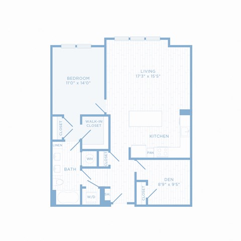 Floor plan for 1 bed, 1 bath, 895 sqft