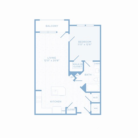 Floor plan for 1 bed, 1 bath, 746 sqft