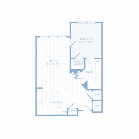 Floor plan for 1 bed, 1 bath, 732 sqft