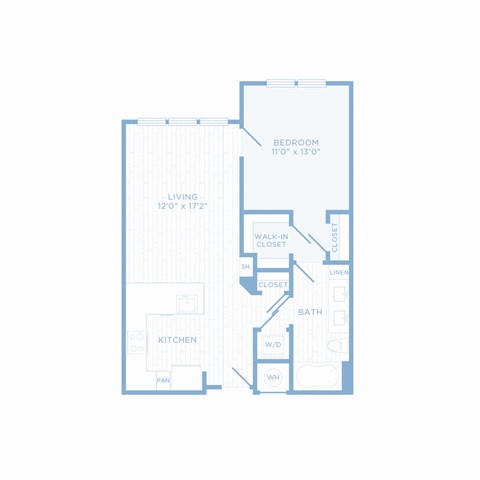 Floor plan for 1 bed, 1 bath, 728 sqft