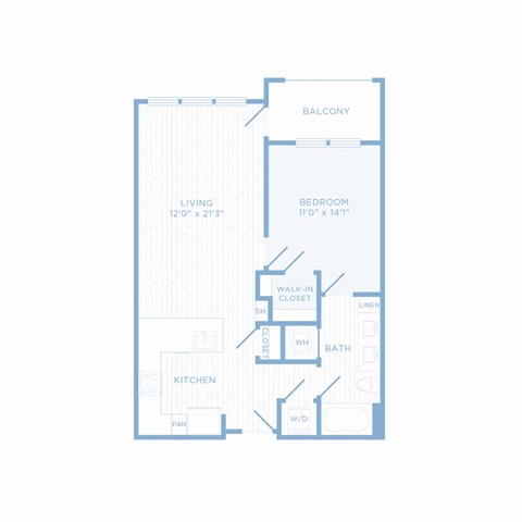 Floor plan for 1 bed, 1 bath, 732 sqft