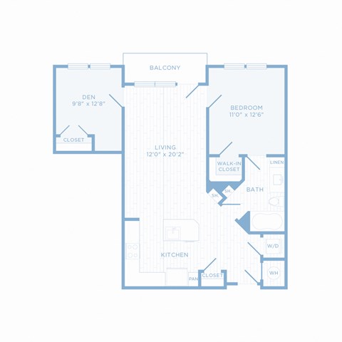 Floor plan for 1 bed, 1 bath, 883 sqft