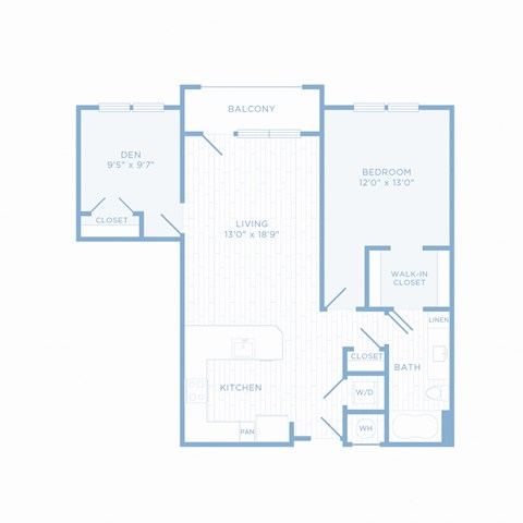 Floor plan for 1 bed, 1 bath, 946 sqft