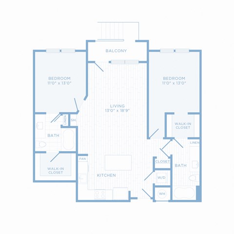 Floor plan for 2 beds, 2 baths, 1100 sqft