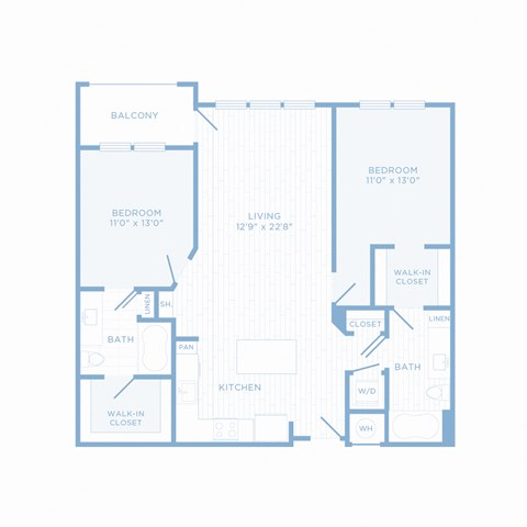Floor plan for 2 beds, 2 baths, 1122 sqft