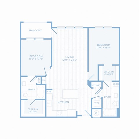 Floor plan for 2 beds, 2 baths, 1122 sqft