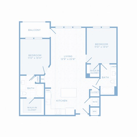 Floor plan for 2 beds, 2 baths, 1077 sqft