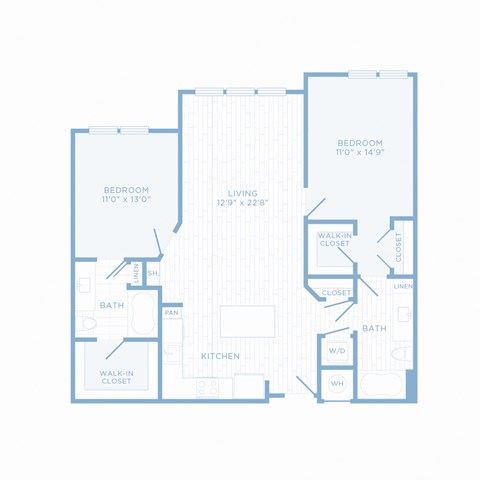 Floor plan for 2 beds, 2 baths, 1128 sqft