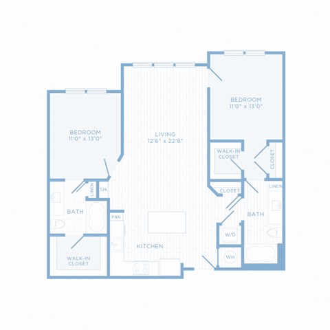 Floor plan for 2 beds, 2 baths, 1129 sqft