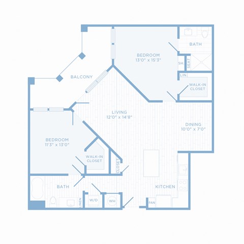 Floor plan for 2 beds, 2 baths, 1134 sqft