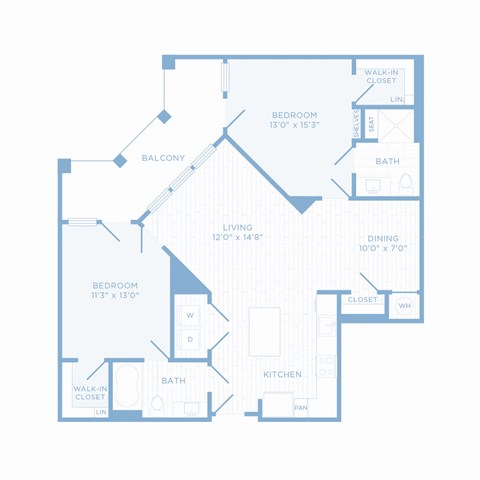 Floor plan for 2 beds, 2 baths, 1100 sqft