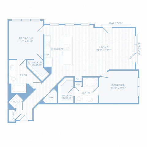 Floor plan for 2 beds, 2 baths, 1270 sqft