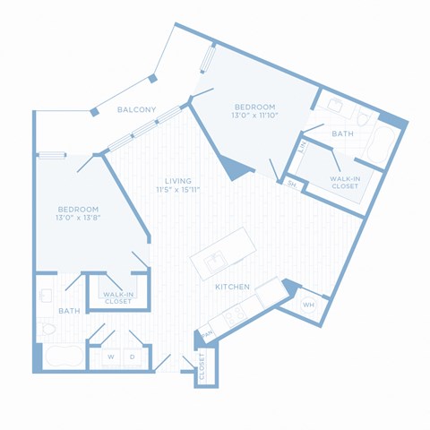 Floor plan for 2 beds, 2 baths, 1130 sqft