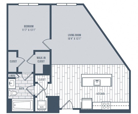 Floor plan for 1 bed, 1 bath, 842 sqft