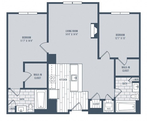 Floor plan for 2 beds, 2 baths, 1047 sqft