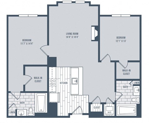 Floor plan for 2 beds, 2 baths, 1173 sqft
