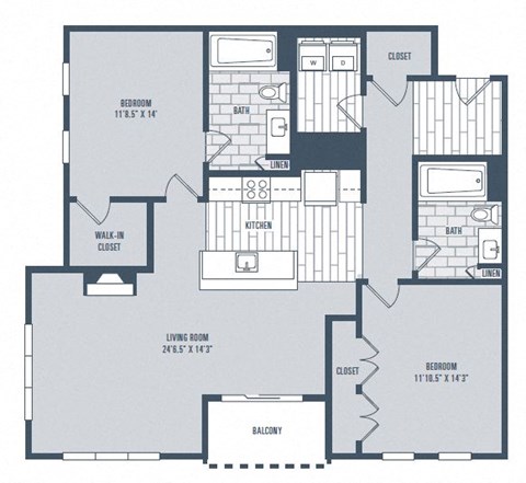 Floor plan for 2 beds, 2 baths, 1231 sqft