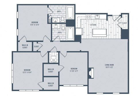 Floor plan for 3 beds, 2 baths, 1434 sqft