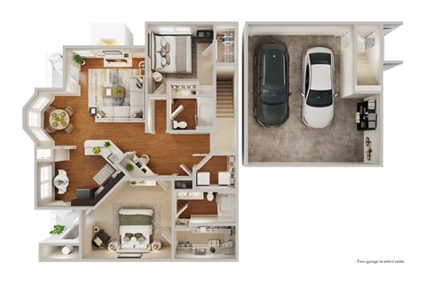 Floor plan for 2 beds, 2 baths, 1305 sqft