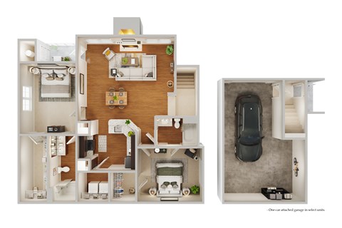Floor plan for 2 beds, 2 baths, 1073 sqft