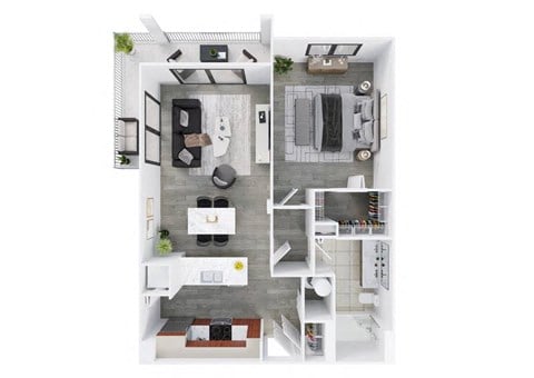 Floor plan for 1 bed, 1 bath, 887 sqft