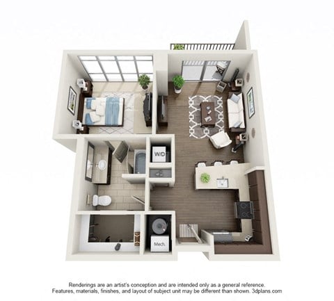 Floor plan for 1 bed, 1 bath, 760 sqft