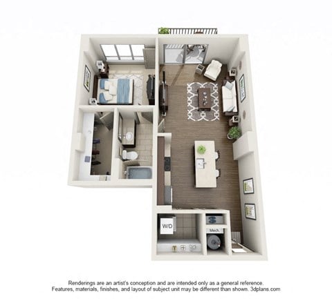 Floor plan for 1 bed, 1 bath, 844 sqft