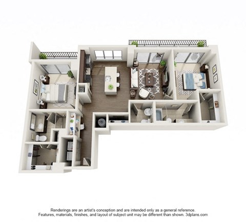 Floor plan for 2 beds, 2.5 baths, 1213 sqft