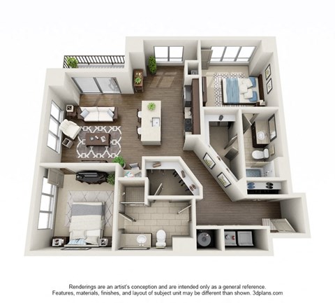 Floor plan for 2 beds, 2 baths, 1232 sqft