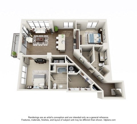 Floor plan for 2 beds, 2 baths, 1295 sqft