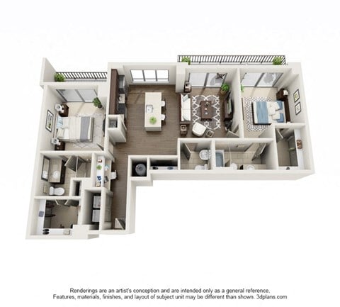 Floor plan for 2 beds, 2 baths, 1309 sqft