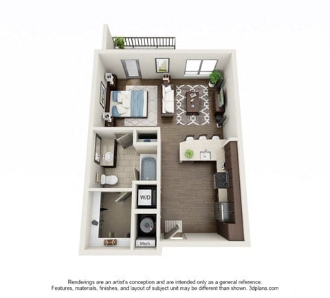 Floor plan for studio, 1 bath, 625 sqft