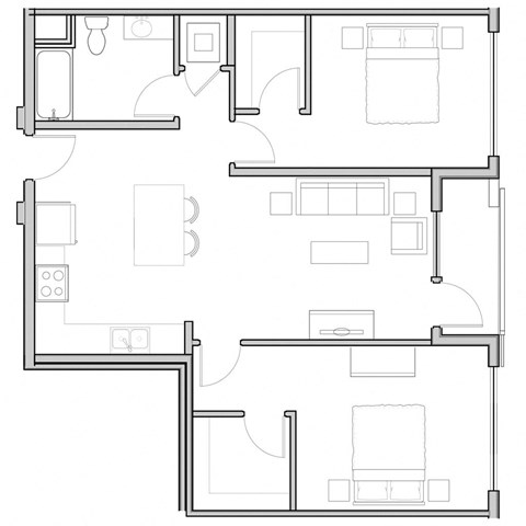 Floor plan for 2 beds, 1 bath, 874 sqft