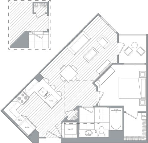 Floor plan for studio, 1 bath, 578 sqft