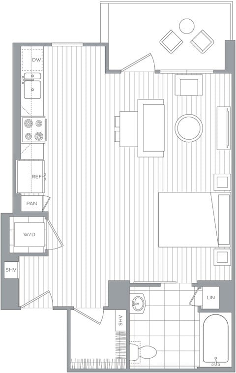 Floor plan for 1 bed, 1 bath, 739 sqft
