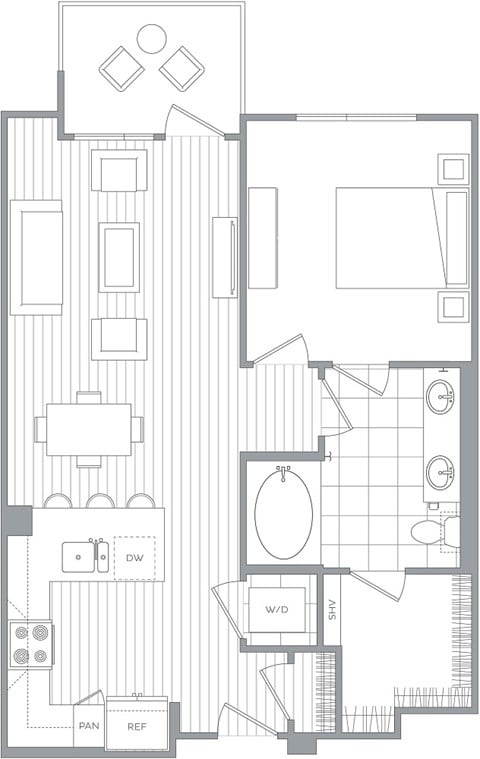 Floor plan for 1 bed, 1 bath, 749 sqft