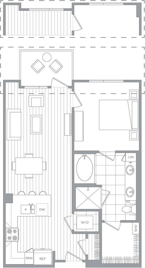 Floor plan for 1 bed, 1 bath, 756 sqft
